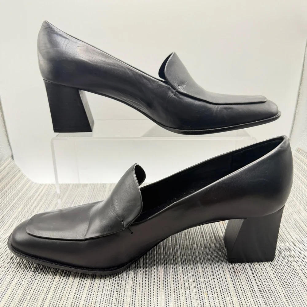 Evan-Picone Black Leather Loafers Size 8.5M Square Toe Block Heel Made in Spain - Picture 3 of 9